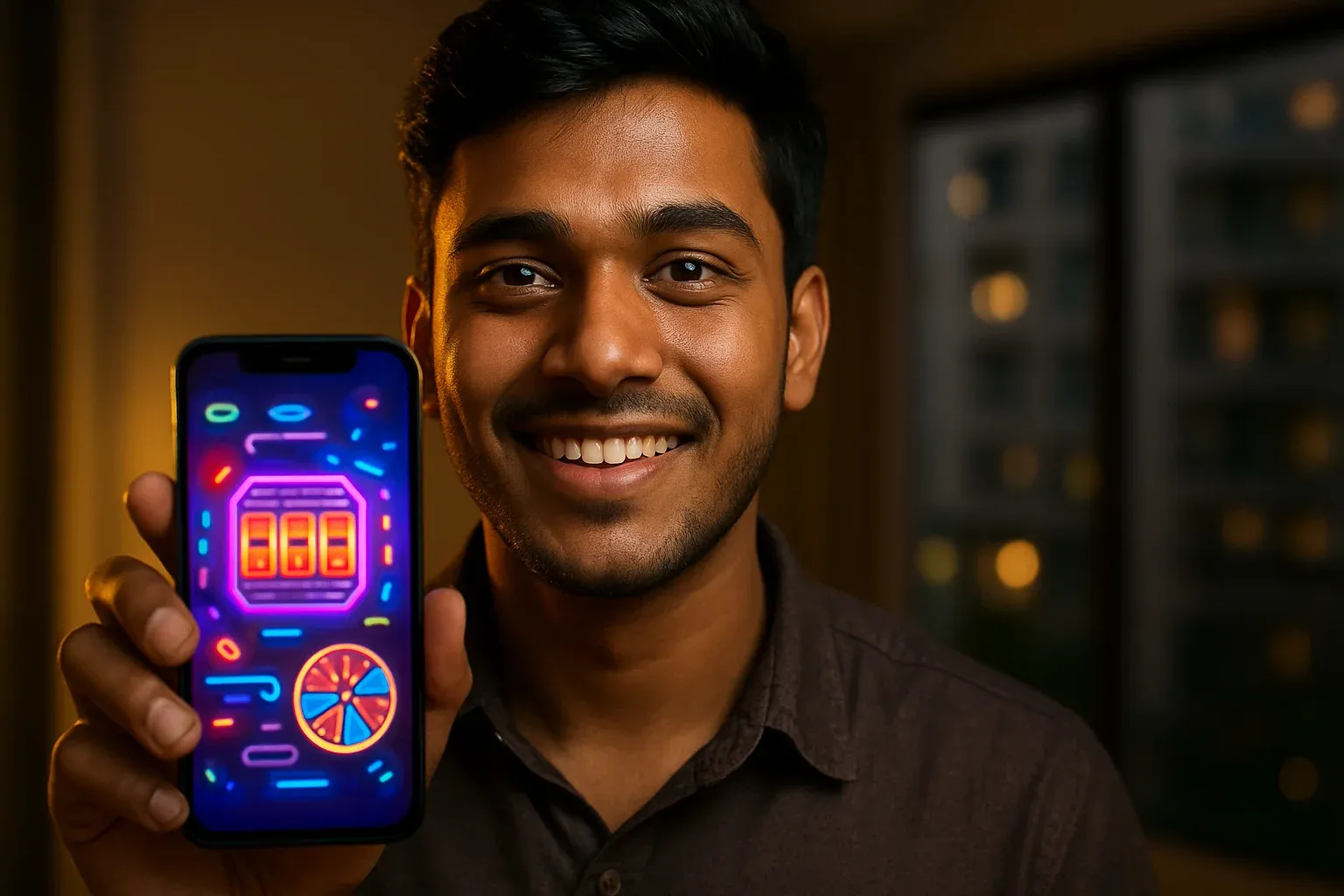 Young Bangladeshi man holding smartphone showing colorful casino app interface