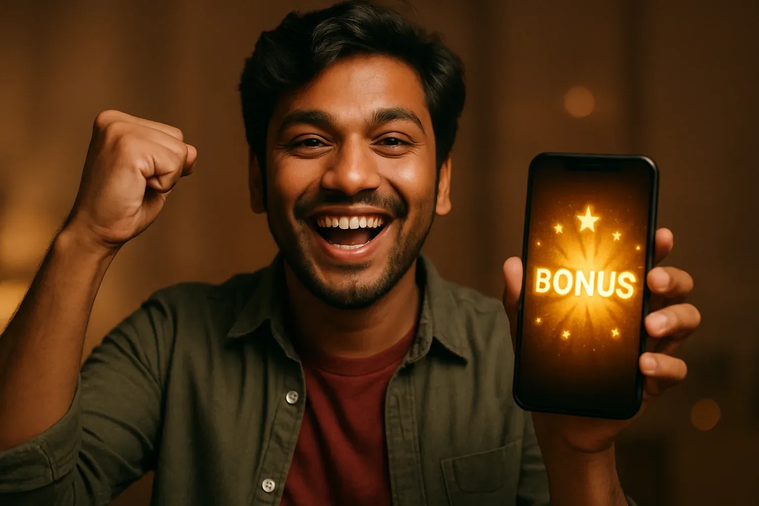 Joyful Bangladeshi man holding smartphone with glowing bonus notification screen