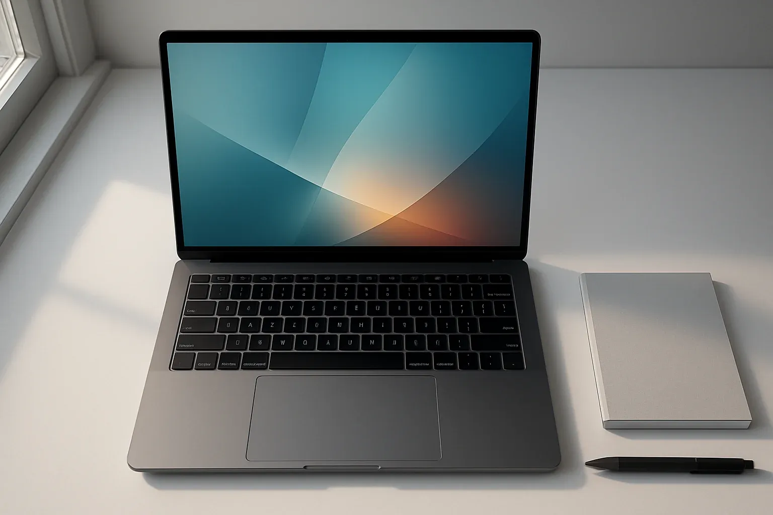 Modern laptop on white desk with abstract glowing screen