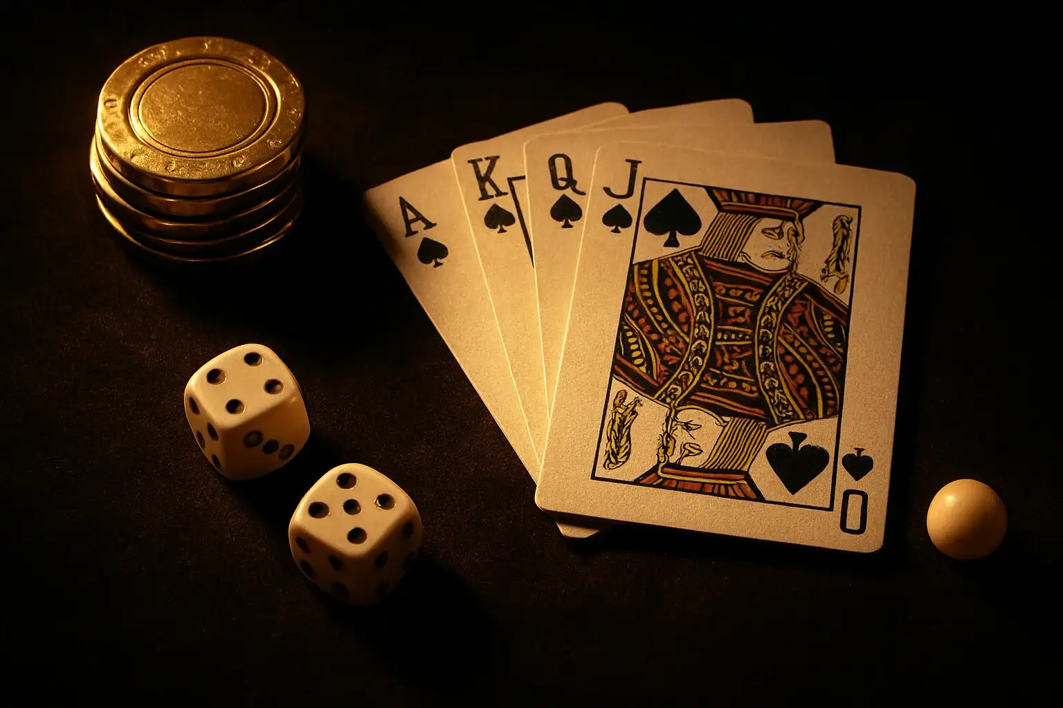 Top-down casino scene with chips, cards, dice, and roulette ball
