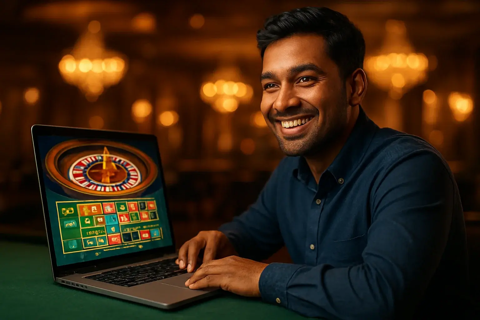 Cheerful Bangladeshi man with open laptop showing colorful casino interface