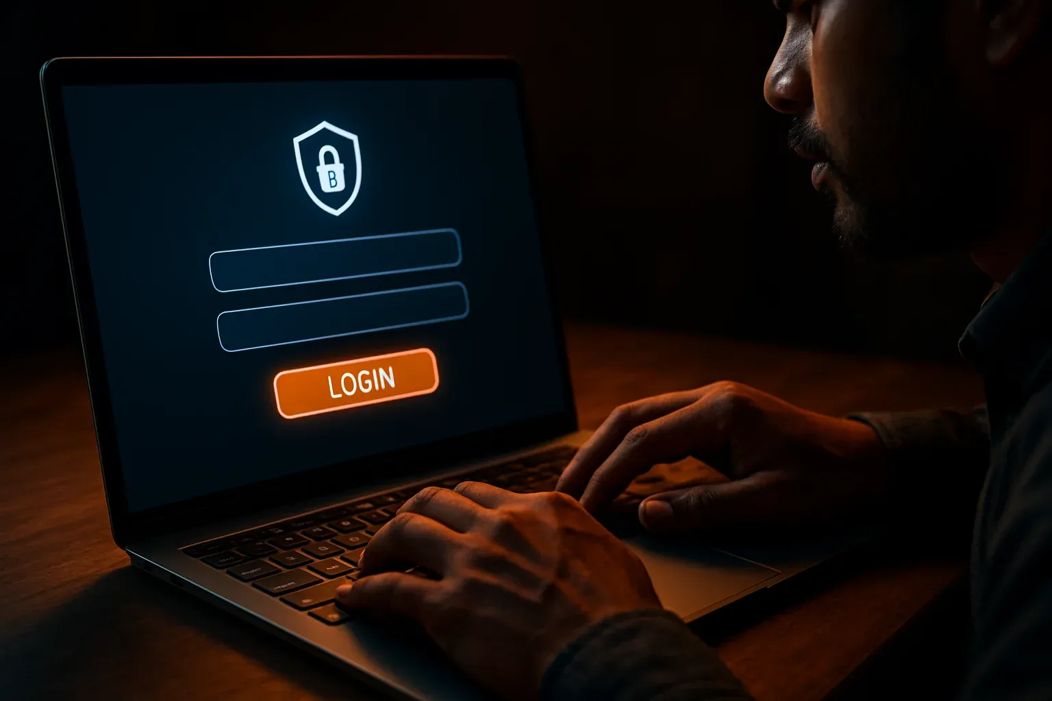Bangladeshi man's hands on laptop showing stylized login form