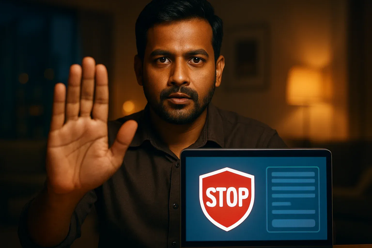 Bangladeshi man shows stop gesture beside laptop with responsible gambling controls
