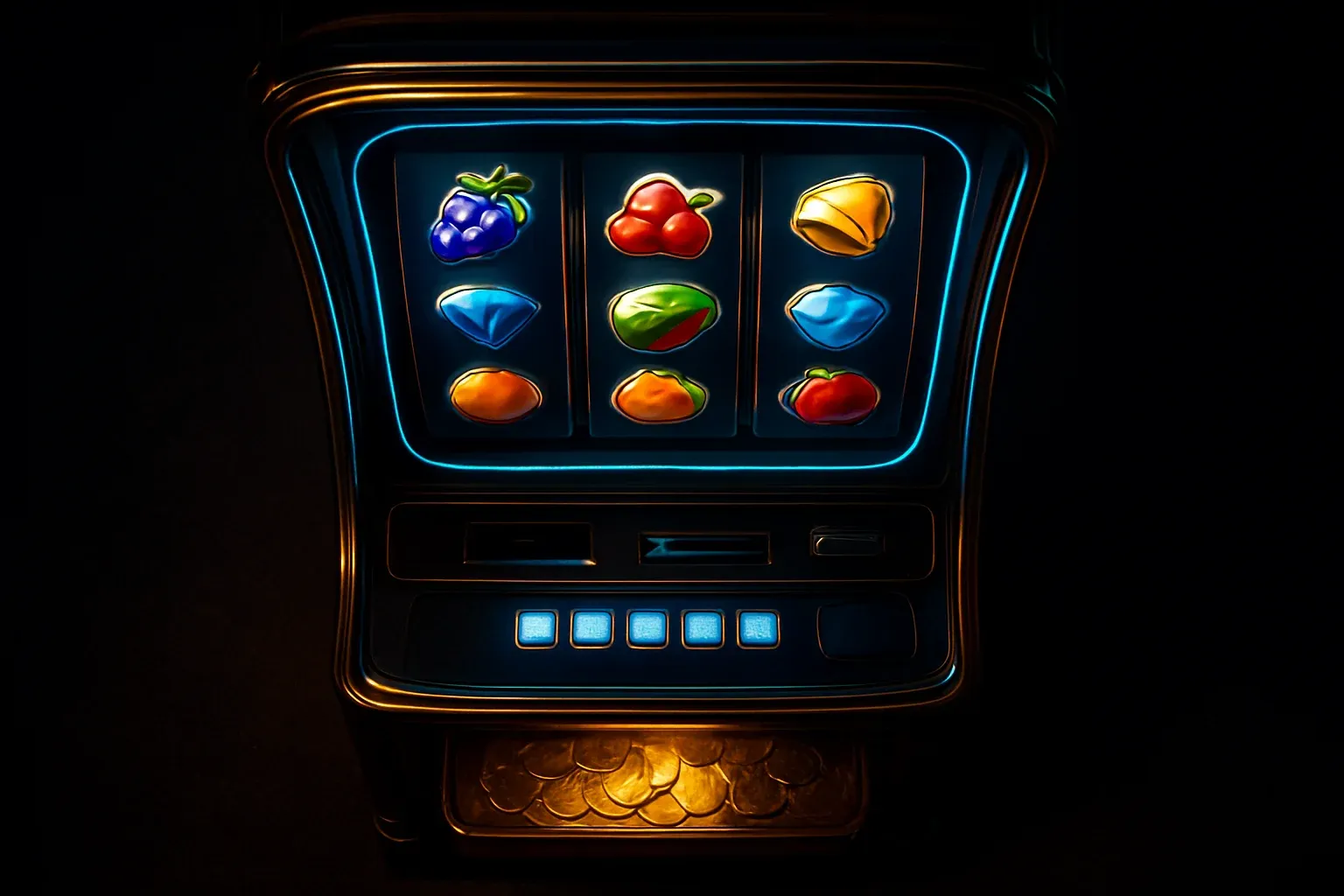 Hyperrealistic premium slot machine with glowing reels in luxury casino